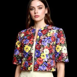 Vintage 1980s Floral Crop Top Quilted Garden  Button Down Bolero